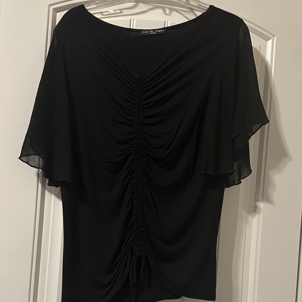 Kim and Cami Black Ruched Blouse chiffon sleeves